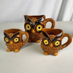 Vintage Owl Ceramic Measuring Cup Set 3pc Brown Glaze Made in Japan MCM Retro
